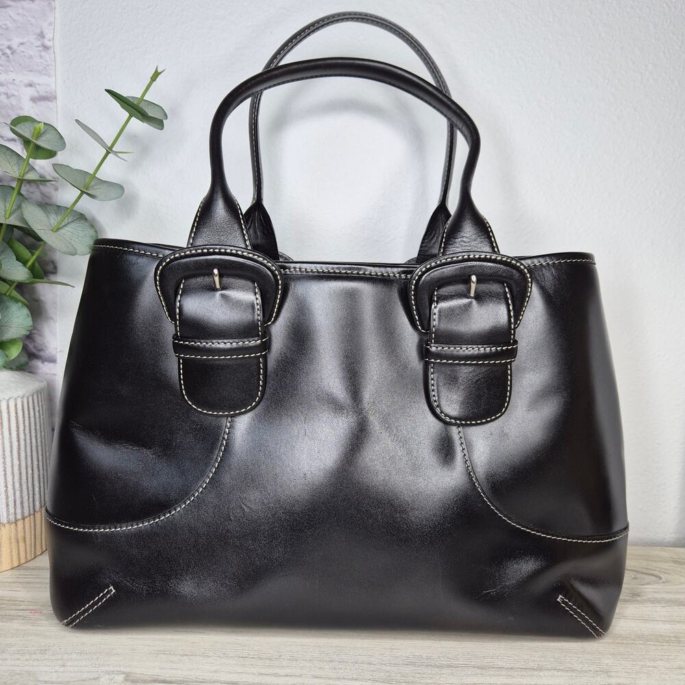 Cole Haan Black Leather Shoulder Bag Tote Purse Contrast Stitch Buckle Accent